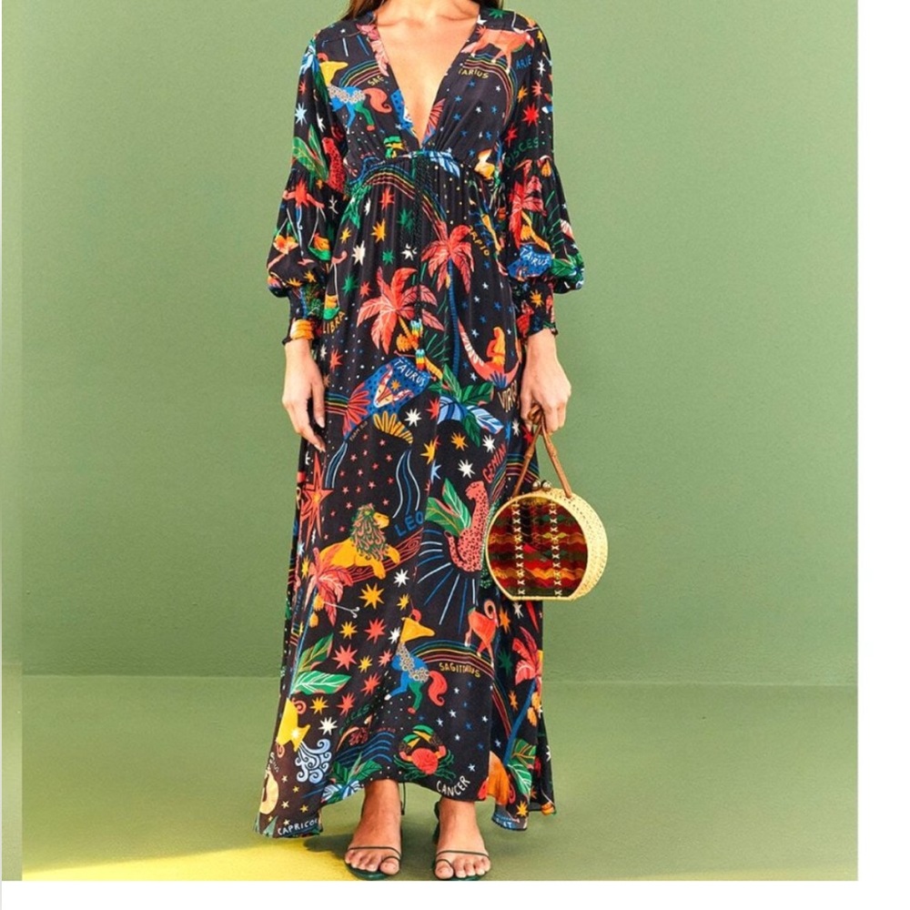 FARM Rio long-sleeve zodiac maxi dress, medium
